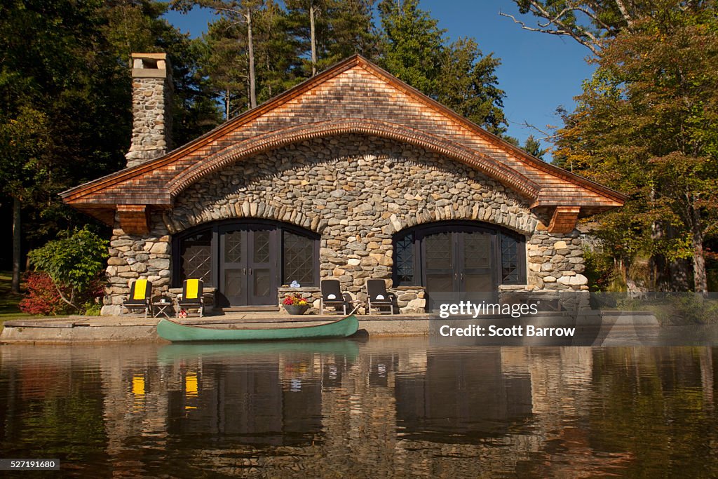 Stone summer home beside a lake
