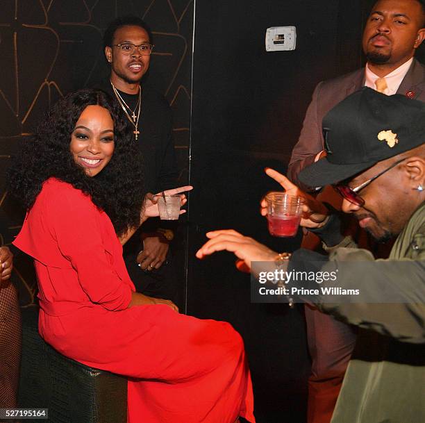 Jermaine Dupri, Monica Brown and Shannon Brown attend XS Lounge on May 1, 2016 in Atlanta, Georgia.