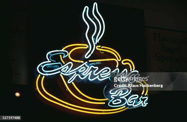 neon writing with a cup of coffee for espresso bar - portland neon sign stock pictures, royalty-free photos & images