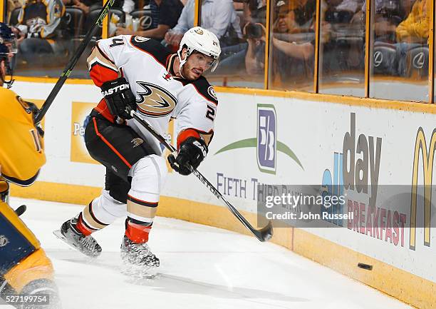 Simon Despres of the Anaheim Ducks skates against the Nashville Predators in Game Four of the Western Conference First Round during the 2016 NHL...