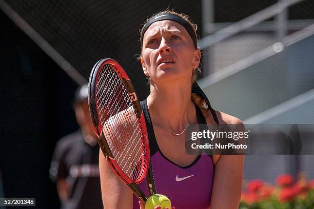 Petra Kvitova of Czech Republic in action against Elena Vesnina of Russia during day three of the Mutua Madrid Open tennis tournament at the Caja...