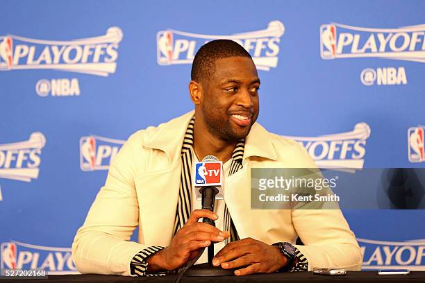Dwyane Wade of the Miami Heat speaks at a press conference after Game Six of the Eastern Conference Quarterfinals against the Charlotte Hornets...