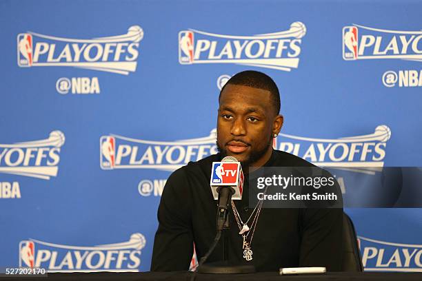 Kemba Walker of the Charlotte Hornets speaks at a press conference after Game Six of the Eastern Conference Quarterfinals against the Miami Heat...