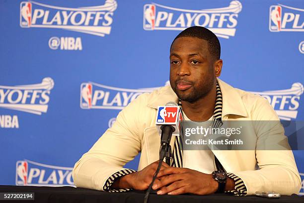 Dwyane Wade of the Miami Heat speaks at a press conference after Game Six of the Eastern Conference Quarterfinals against the Charlotte Hornets...