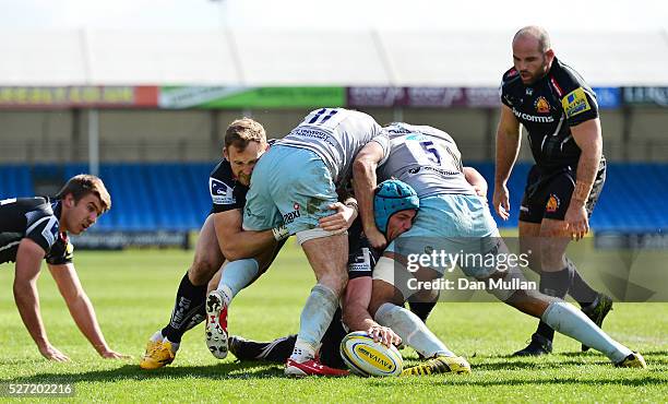 Ben White of Exeter Braves stretches out to score a try during the Aviva Premiership A League Final between Exeter Braves and Northampton Wanderers...