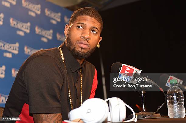 Paul George of the Indiana Pacers speaks during an interview after Game Seven of the Eastern Conference Quarterfinals against the Toronto Raptors...