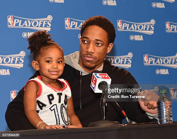 DeMar DeRozan of the Toronto Raptors speaks during an interview with his daughter after Game Seven of the Eastern Conference Quarterfinals against...