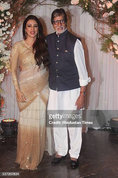 Bollywood actors Amitabh Bachchan and Tabu at wedding reception of couple Bipasha Basu and Karan Singh on April 30, 2016 in Mumbai, India. Bipasha...