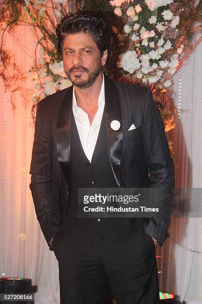 Bollywood actor Shah Rukh Khan at wedding reception of couple Bipasha Basu and Karan Singh on April 30, 2016 in Mumbai, India. Bipasha Basu got...