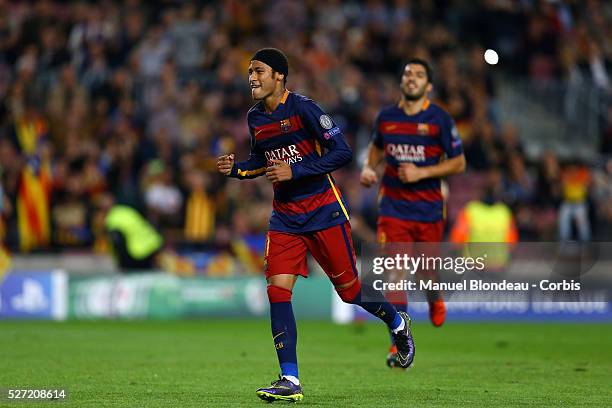 Neymar of FC Barcelona celebrates after scoring his side's opening goal during the UEFA Champions League Group E football match between FC Barcelona...