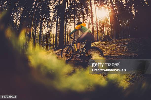 mountain biker reiten im wald-track - adrenalin stock-fotos und bilder