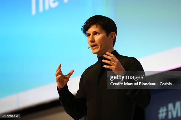 Telegram founder and CEO Pavel Durov delivers his keynote conference during day two of the Mobile World Congress at the Fira Gran Via complex in...