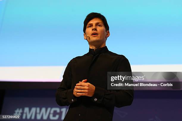 Telegram founder and CEO Pavel Durov delivers his keynote conference during day two of the Mobile World Congress at the Fira Gran Via complex in...