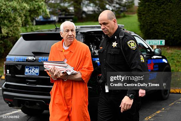 Jerry Sandusky enters the Centre County Courthouse for a hearing on May 2, 2016 in Bellefonte, Pa. Sandusky has filed a petition under Pennsylvania's...