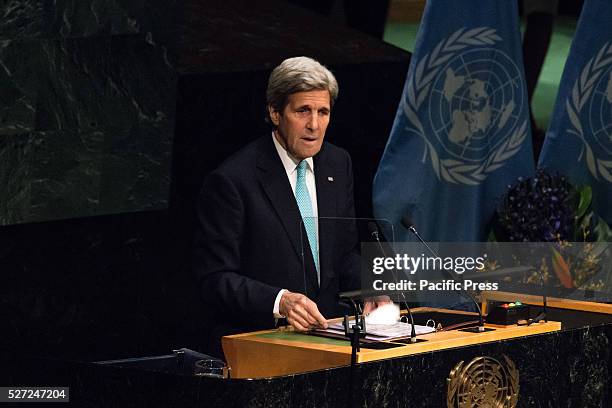 Secretary of State John Kerry addresses the General Assembly. Leaders from around the world gathered in General Assembly Hall at UN Headquarters in...