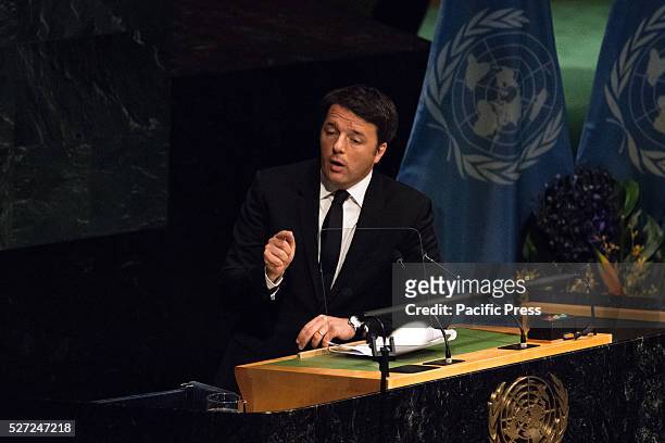Italian Prime Minister Matteo Renzi addresses the General Assembly. Leaders from around the world gathered in General Assembly Hall at UN...