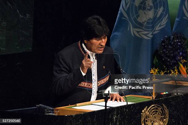 Bolivian President Evo Morales Ayma addresses the General Assembly. Leaders from around the world gathered in General Assembly Hall at UN...