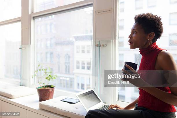 portrait of a professional businesswoman - profile laptop sitting stock pictures, royalty-free photos & images