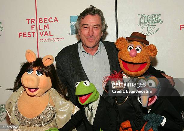 Actor Robert De Niro, Miss Piggy, Kermit The Frog, Pepe The King Prawn, Gonzo and Fozzy Bear attends the premiere of "The Muppets Wizard of Oz" at...