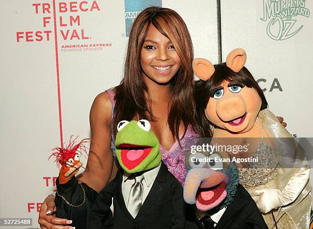 Pepe The King Prawn, Kermit The Frog, singer Ashanti, Gonzo and Miss Piggy attend the premiere of "The Muppets Wizard of Oz" at the Tribeca FAMILY...