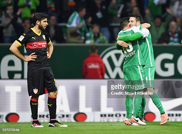 Levin Oeztunali of Werder Bremen celebrates with Zlatko Junuzovic as he scores their third goal during the Bundesliga match between Werder Bremen and...