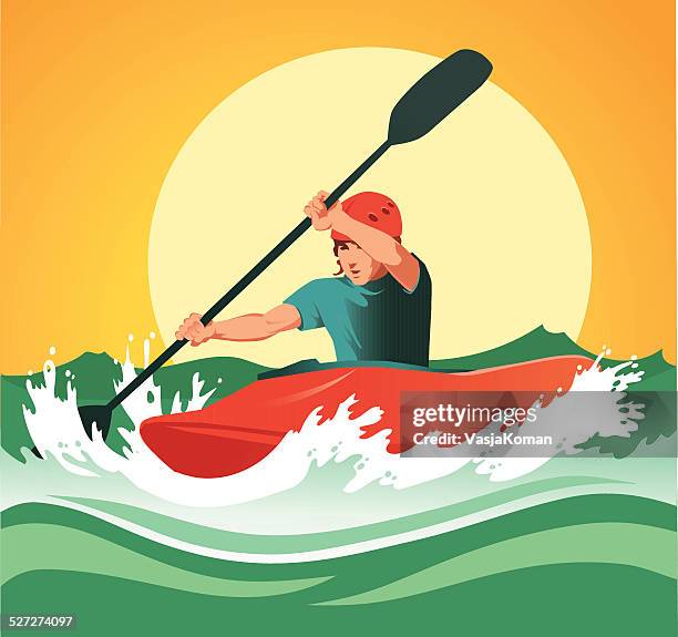 kayaker paddling through dangerous white waters - kayak stock illustrations