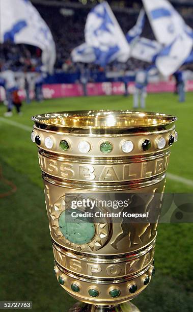 The DFB Pokal trophy is pictured during the DFB Pokal Semi Final Match between FC Schalke 04 and Werder Bremen, at the Arena auf Schalke on April 19,...
