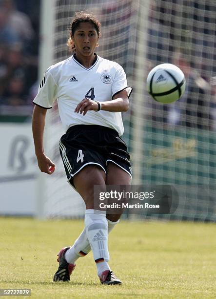 Steffi Jones of Germany shoots at goal during the nations match between Germany and Canada at the Friedrich-Ebert-Stadion on April 24, 2005 in...