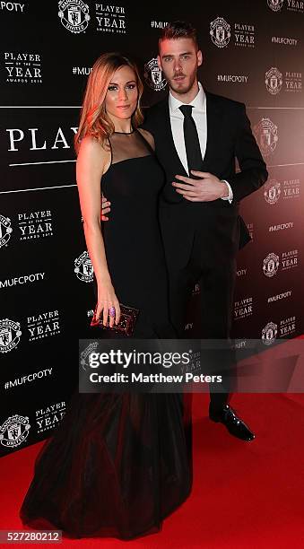 David de Gea of Manchester United arrives with his partner at the club's annual Player of the Year awards at Old Trafford on May 2, 2016 in...