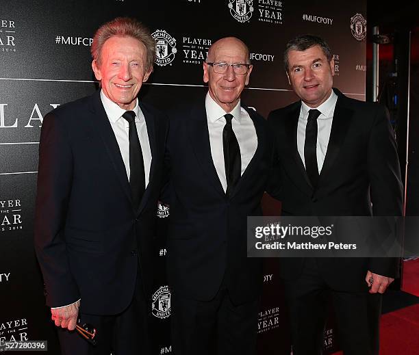 Club legends Denis Law, Sir Bobby Charlton and Denis Irwin of Manchester United arrive at the club's annual Player of the Year awards at Old Trafford...