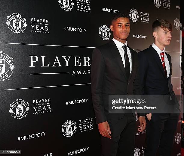 Marcus Rashford and Callum Gribbin of Manchester United arrive at the club's annual Player of the Year awards at Old Trafford on May 2, 2016 in...