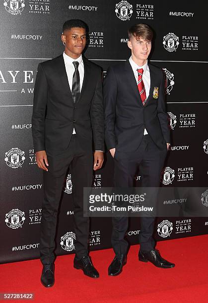 Marcus Rashford and Callum Gribbin of Manchester United arrives at the club's annual Player of the Year awards at Old Trafford on May 2, 2016 in...