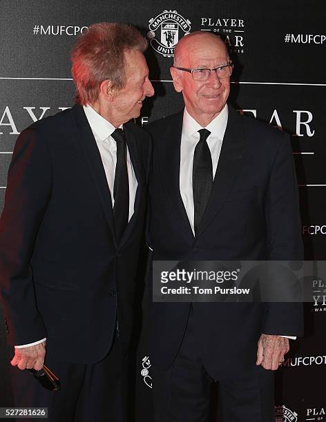 Club legends Denis Law and Sir Bobby Charlton of Manchester United arrive at the club's annual Player of the Year awards at Old Trafford on May 2,...