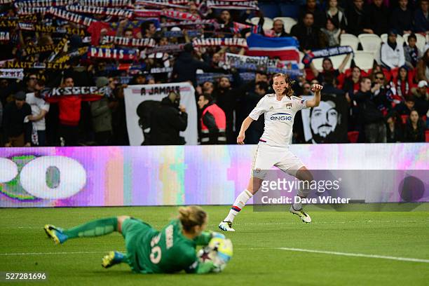 Lotta Schelin of Lyon sees her shot saved by Ann Katrin Berger of PSG during the Uefa Women's Champions League match, semi-final, second leg, between...