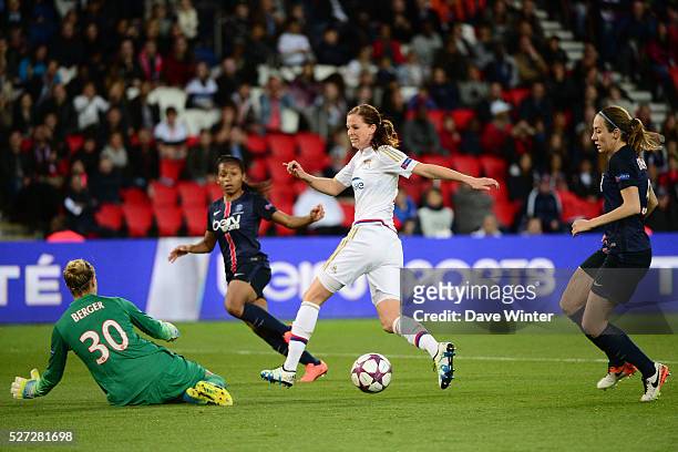 Lotta Schelin of Lyon sees her shot saved by Ann Katrin Berger of PSG during the Uefa Women's Champions League match, semi-final, second leg, between...
