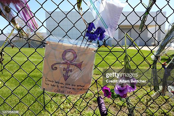 Tributes and memorials dedicated to Prince on the fence that surrounds Paisley Park on May 2, 2016 in Chaska, Minnesota. Prince died on April 21,...