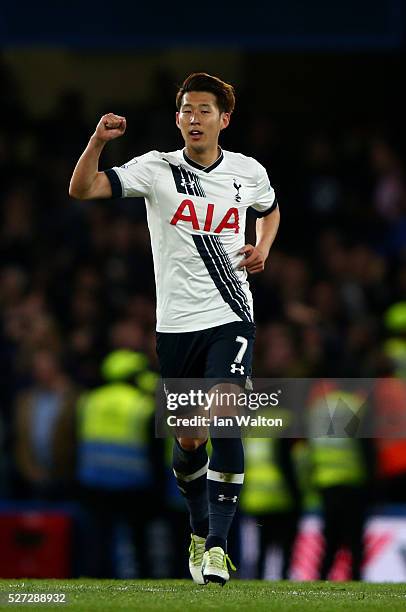 Son Heung-Min of Tottenham Hotspur celebrates after scoring his team's second goal during the Barclays Premier League match between Chelsea and...