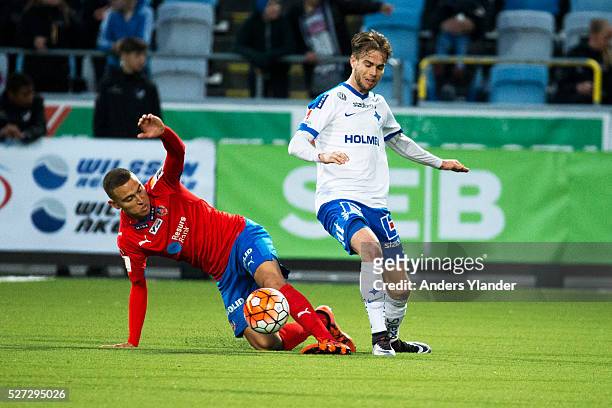 Jordan Larsson of Helsingborgs IF and Andreas Blomqvist of IFK Norrkoping competes for the ball during the Allsvenskan match between IFK Norrkoping...