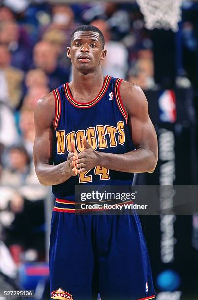 Antonio McDyess of the Denver Nuggets looks on against the Sacramento Kings circa 1996 at Arco Arena in Sacramento, California. NOTE TO USER: User...