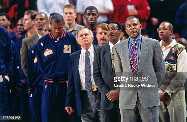 Bernie Bickerstaff of the Denver Nuggets stands against the Sacramento Kings circa 1996 at Arco Arena in Sacramento, California. NOTE TO USER: User...