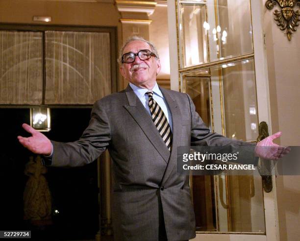 Colombian writer and Literature Nobel Prize Gabriel Garcia Marquez gestures during a meeting of the committee of direction of the Forum Iberoamerica...