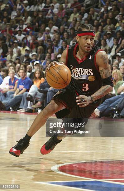 Allen Iverson of the Philadelphia 76ers drives the ball against the Detroit Pistons in Game two of the Eastern Conference Quarterfinals during the...