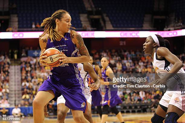 Brittney Griner, , Phoenix Mercury, is defended by Chiney Ogwumike, Connecticut Sun, during the Connecticut Sun Vs Phoenix Mercury WNBA regular...