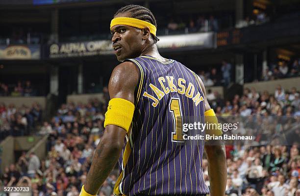 Stephen Jackson of the Indiana Pacers looks on against the Boston Celtics in Game one of the Eastern Conference Quarterfinals during the 2005 NBA...