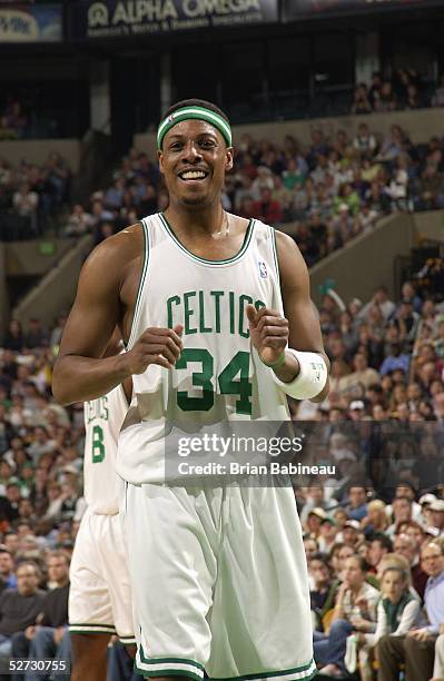 Paul Pierce of the Boston Celtics looks on against the Indiana Pacers in Game one of the Eastern Conference Quarterfinals during the 2005 NBA...