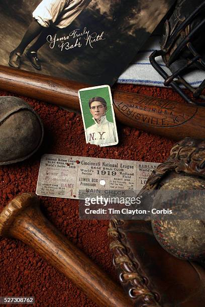 Collage of Antique Vintage Baseball Memorabilia and Collectables including baseballs, wooden baseball bats, hat, catchers mask, used ticket stub,...