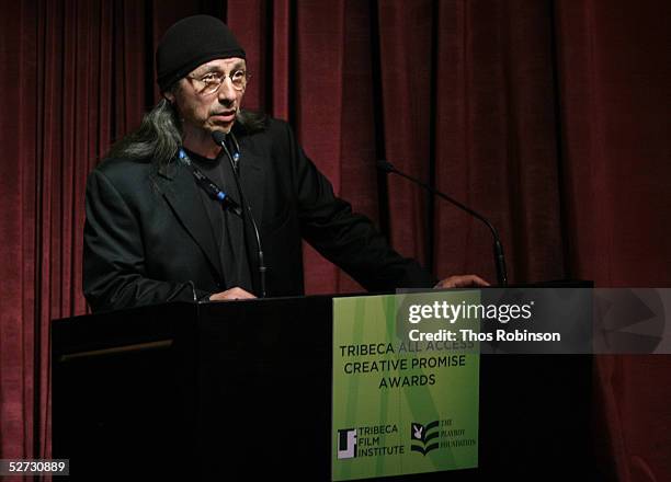 Singer John Trudell speaks during the TAA Awards At The Tribeca Film Festival Hosted By Playboy at the Tribeca Grand Hotel April 28, 2005 in New York...