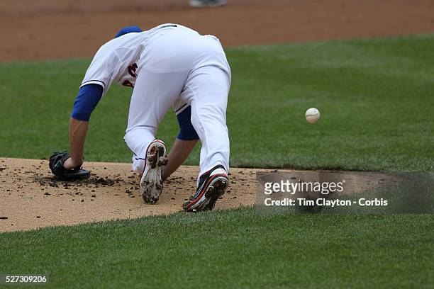 Pitcher Matt Harvey pitching for the New York Mets is hit by a line drive during the New York Mets V Saint Louis Cardinals Baseball game at Citi...