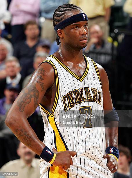 Jermaine O'Neal of the Indiana Pacers reacts to a technical foul in the second half against the Boston Celtics in Game three of the Western...