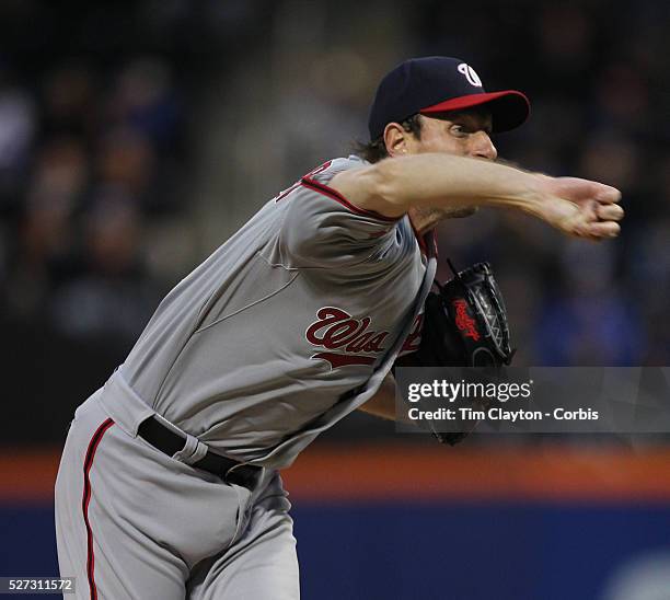 Pitcher Max Scherzer, Washington Nationals, pitching during the New York Mets Vs Washington Nationals MLB regular season baseball game at Citi Field,...